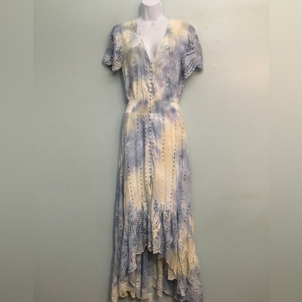 Pastel Tie-Dye Lace-Trim Midi Dress - Blue & Cream